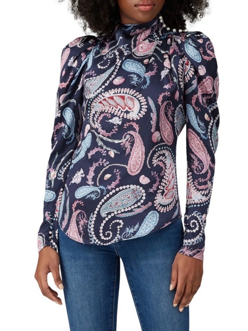 Thurley Crown Of Thorns Silk Blouse Mock Neck 6 Blue Paisley Pearl Embellished